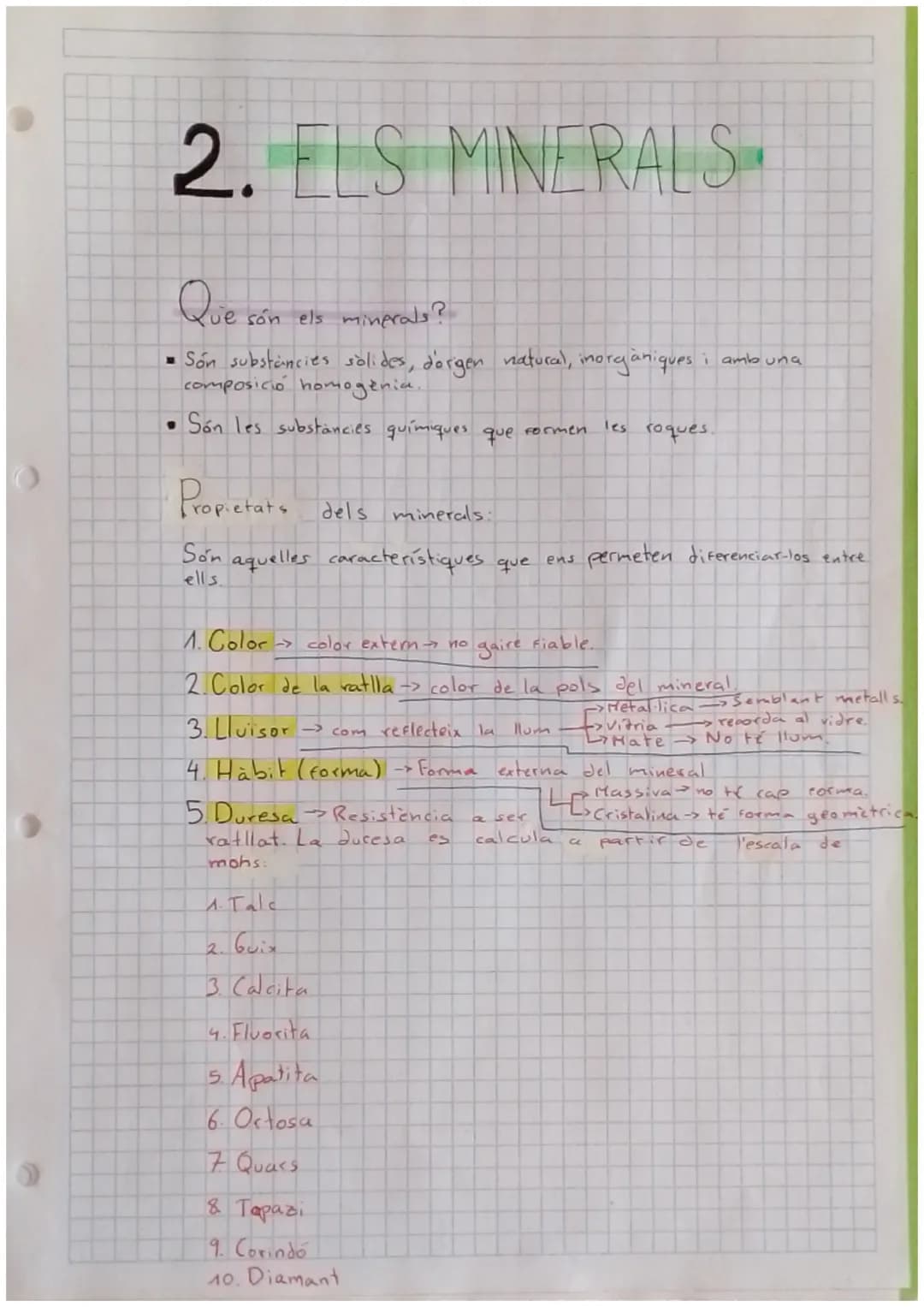 2. ELS MINERALS.

Que
Que són els minerals?

*   Són substancies solides, d'origen natural, inorganiques i amb una
    composició homogenia.