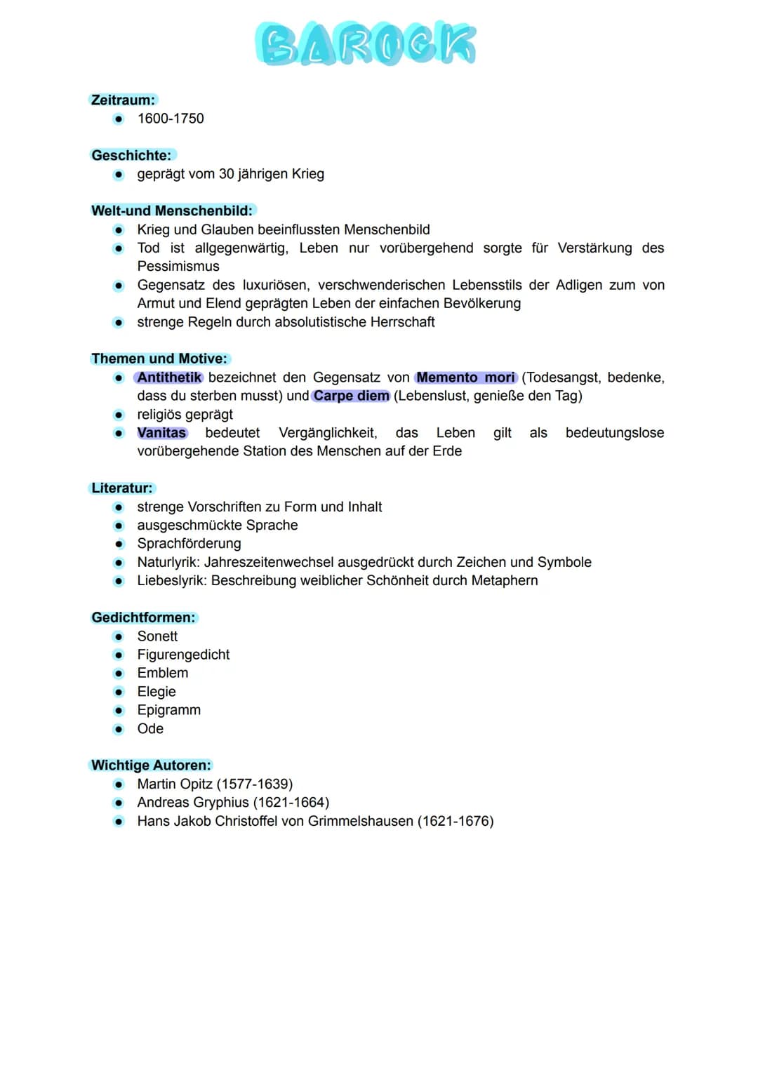 # BAROCK

Zeitraum:
* 1600-1750

Geschichte:
* geprägt vom 30 jährigen Krieg

Welt-und Menschenbild:
* Krieg und Glauben beeinflussten Mensc