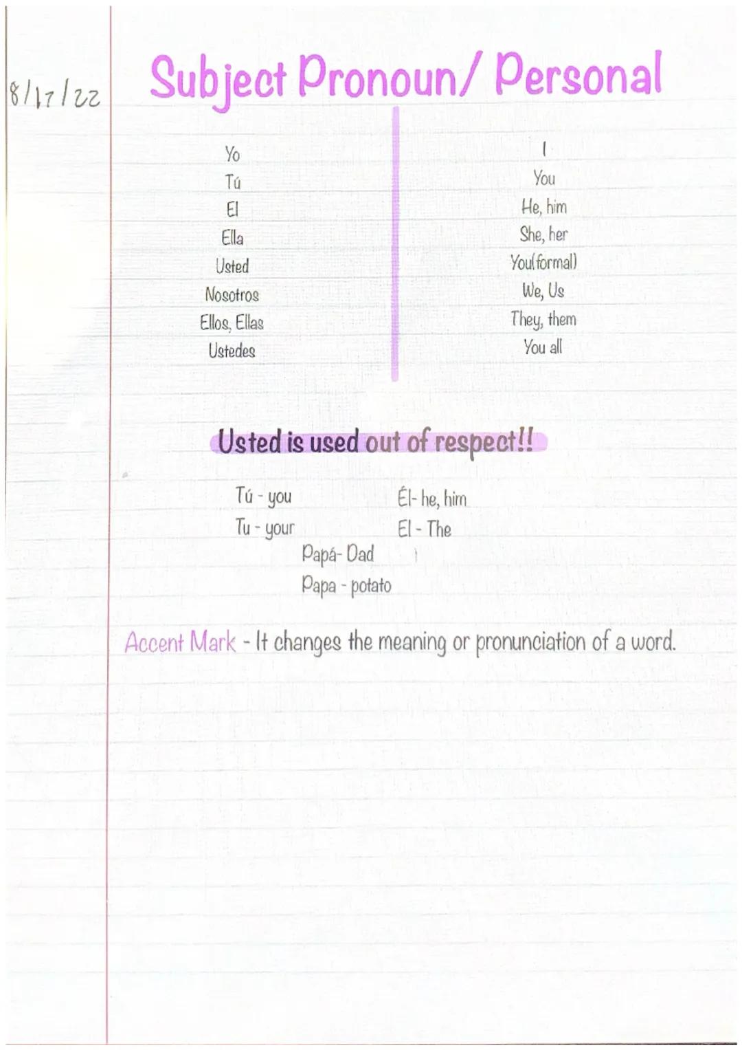 8/17/22 Subject Pronoun/Personal

Yo I
Tú You
El He, him
Ella She, her
Usted You(formal)
Nosotros We, Us
Ellos, Ellas They, them
Ustedes You