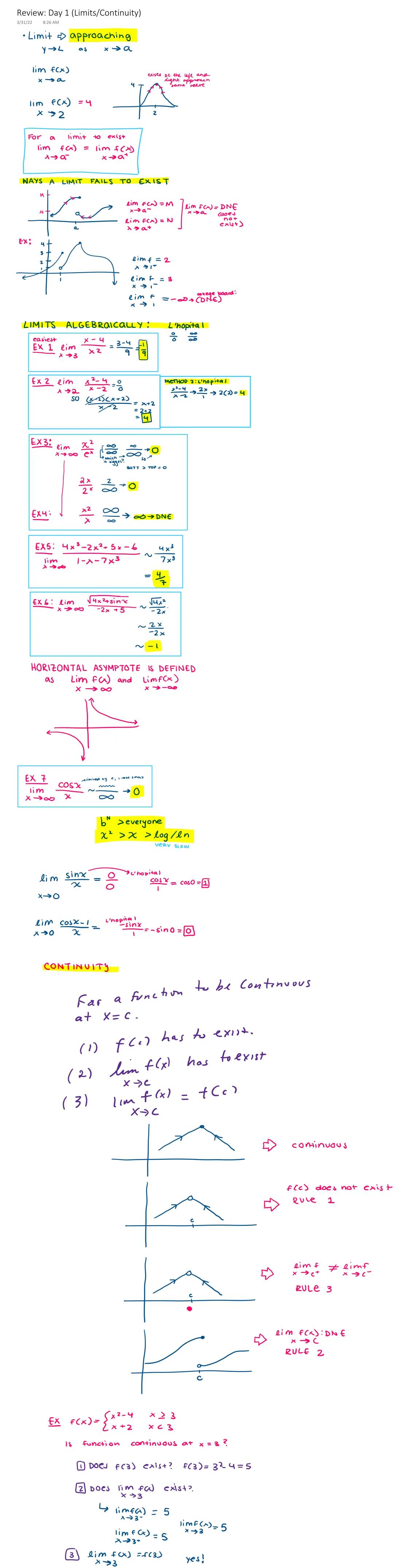 Review: Day 1 (Limits/Continuity)
•Limit approaching
2
HORIZONTAL ASYMPTOTE & DEFINED
Lim fa)
kimsin
b everyone
>>log/n
CONTINUITY
Far a Fun