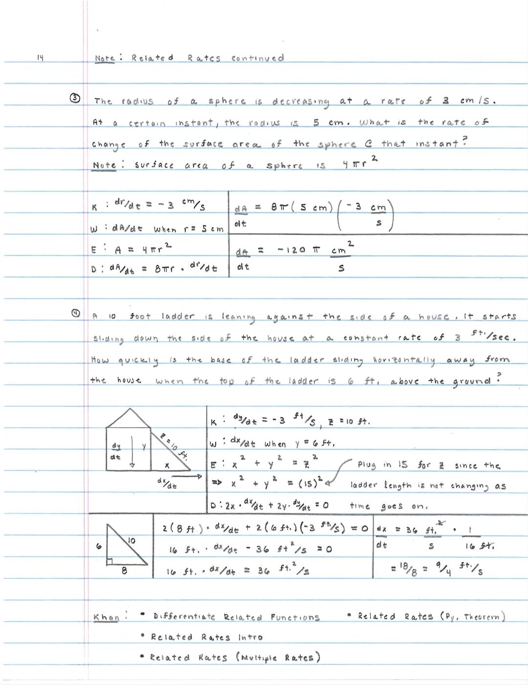 13

Section 2.9: Related Rates

Note: Step for solving related rates questions (KWED)

0 Identify all given quantities & quantities TBD (κ.ω