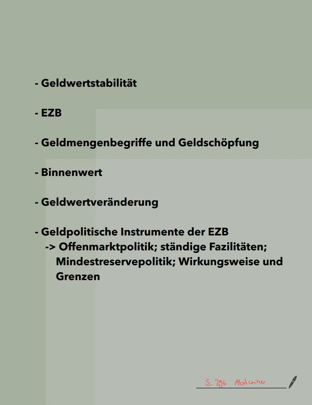 - Geldwertstabilität

- EZB

- Geldmengenbegriffe und Geldschöpfung

- Binnenwert

- Geldwertveränderung

- Geldpolitische Instrumente der E