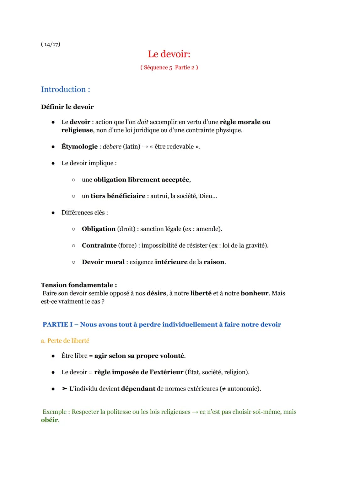 # Le devoir:

(Séquence 5 Partie 2)

## Introduction :

Définir le devoir

* Le devoir : action que l’on doit accomplir en vertu d’une règle