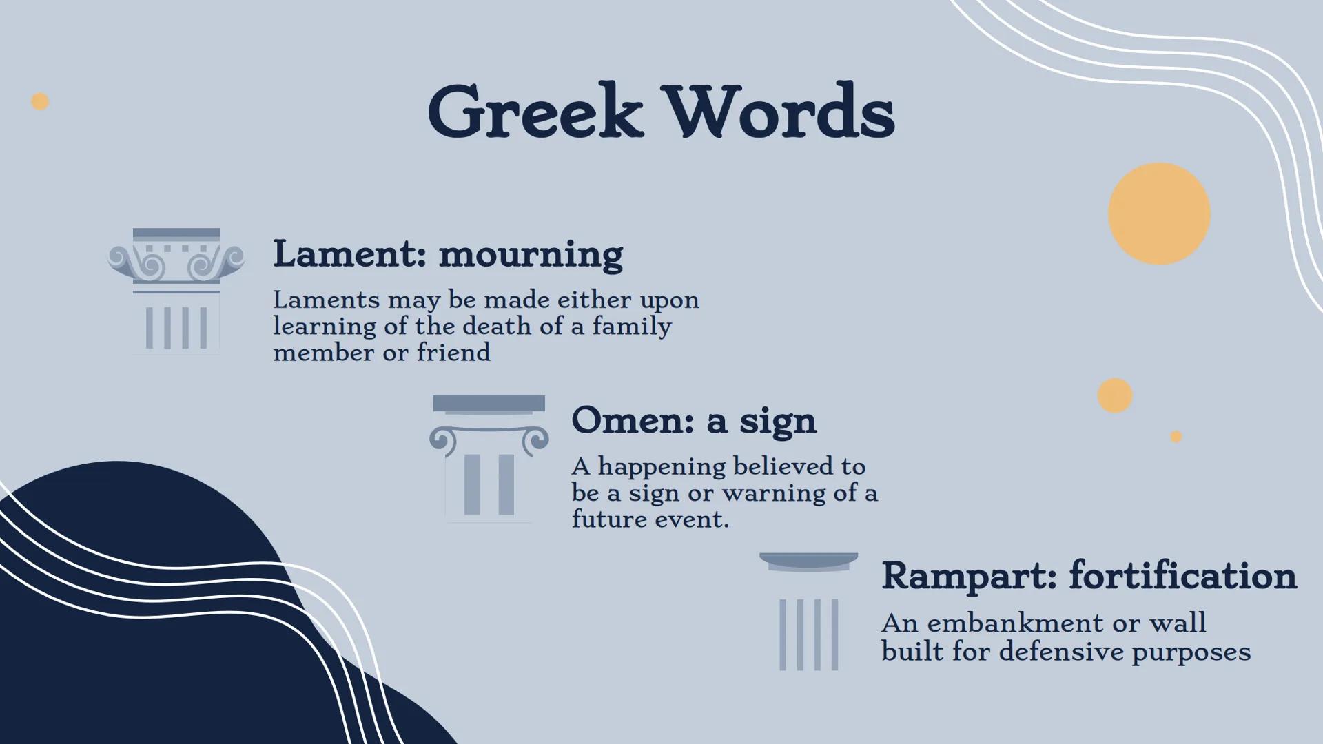 # The Iliad: Book 18

By: Mitali Patel Greek Words

Lament: mourning
Laments may be made either upon
learning of the death of a family
membe