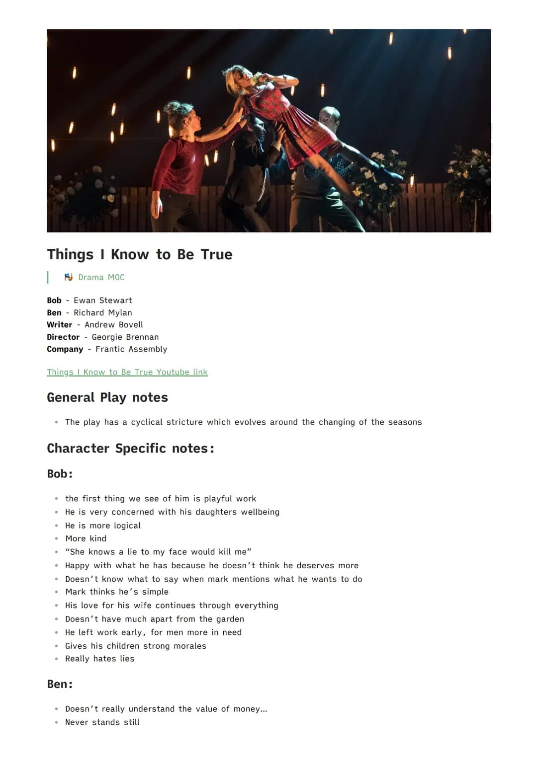 Things I Know to Be True

Drama MOC

Bob Ewan Stewart
Ben Richard Mylan
Writer Andrew Bovell
Director Georgie Brennan
Company Frantic Assemb