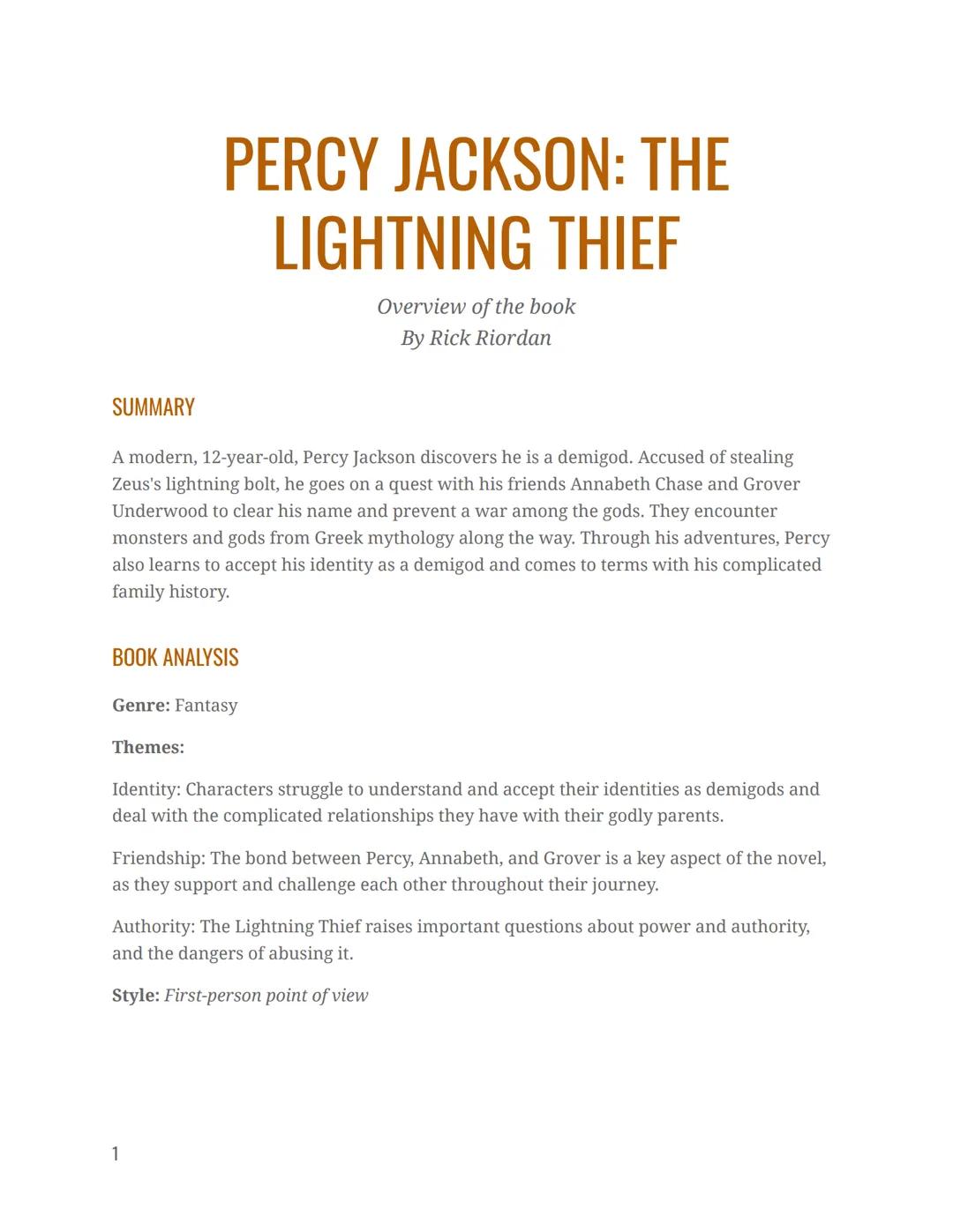 # PERCY JACKSON: THE
# LIGHTNING THIEF
Overview of the book
By Rick Riordan

SUMMARY

A modern, 12-year-old, Percy Jackson discovers he is a