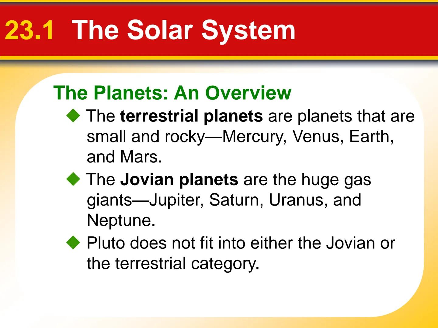 Chapter Touring Our
23 Solar System # 23.1 The Solar System

The Planets: An Overview

*   The **terrestrial planets** are planets that are
