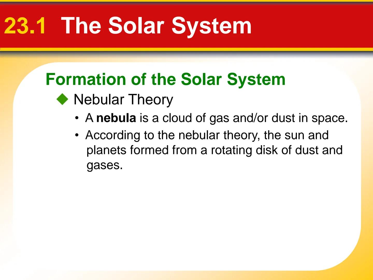 Chapter Touring Our
23 Solar System # 23.1 The Solar System

The Planets: An Overview

*   The **terrestrial planets** are planets that are
