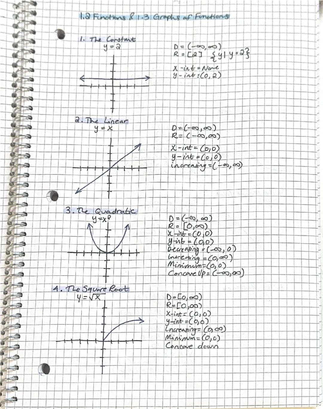 # 1.2 Functions & 1.3 Graphs of Functions

1. The Constant
y=2

←

D=(108,00)
R = [2] {yl y=a}
X-int=None
y-int:(0,2)

2. The Linear
y = x


