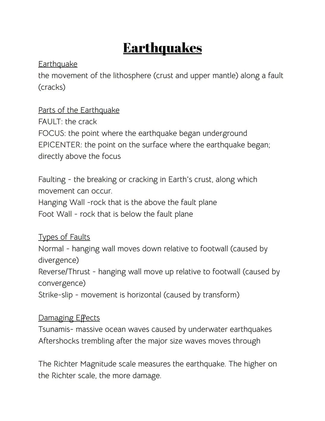 # Earthquakes

Earthquake
the movement of the lithosphere (crust and upper mantle) along a fault
(cracks)

Parts of the Earthquake
FAULT: th