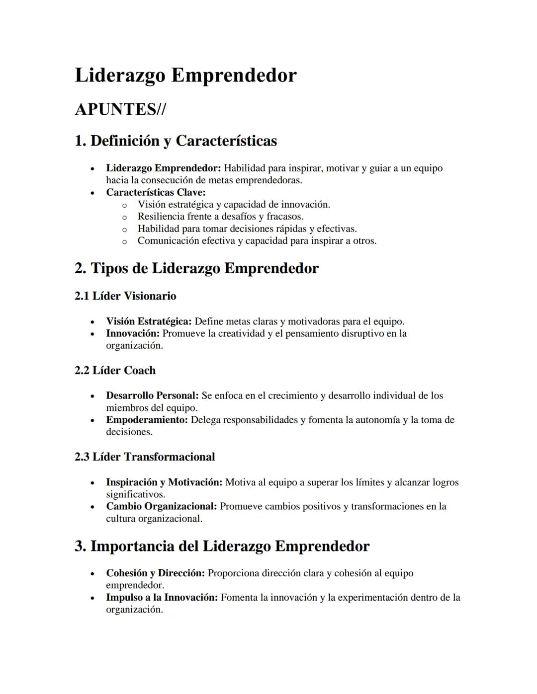 # Liderazgo Emprendedor

APUNTES//

1. Definición y Características

*   Liderazgo Emprendedor: Habilidad para inspirar, motivar y guiar a u