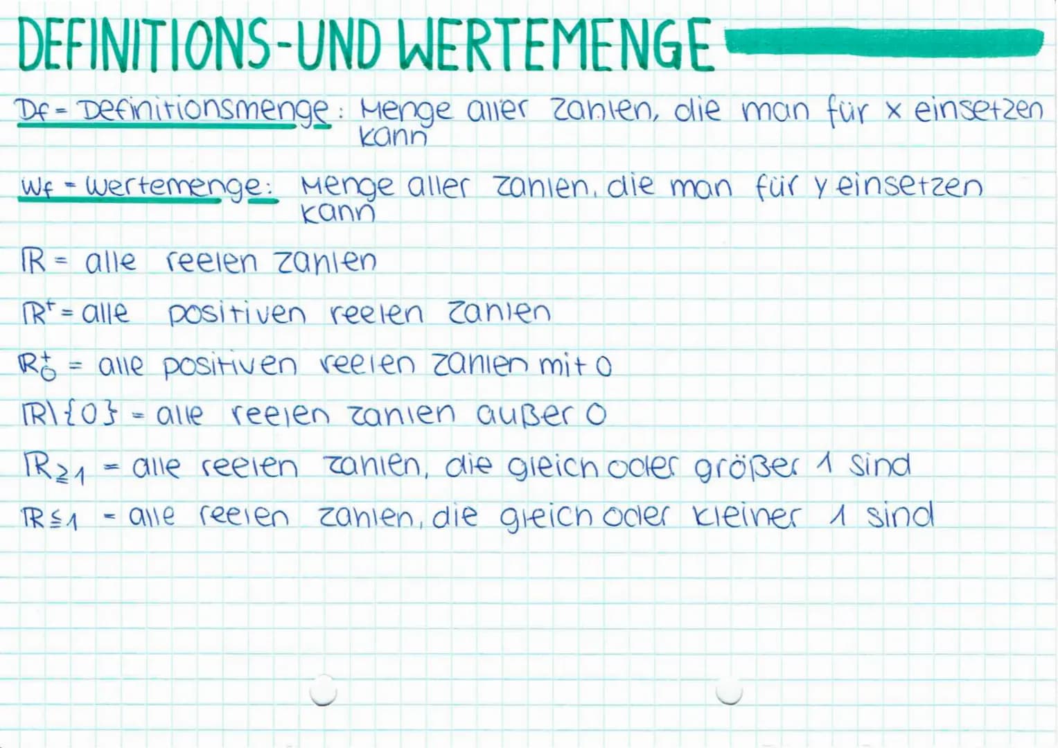 # DEFINITIONS-UND WERTEMENGE

De = Definitionsmenge: Menge aller Zanien, die man für x einsetzen
kann

Wf = wertemenge: Menge aller Zanien, 