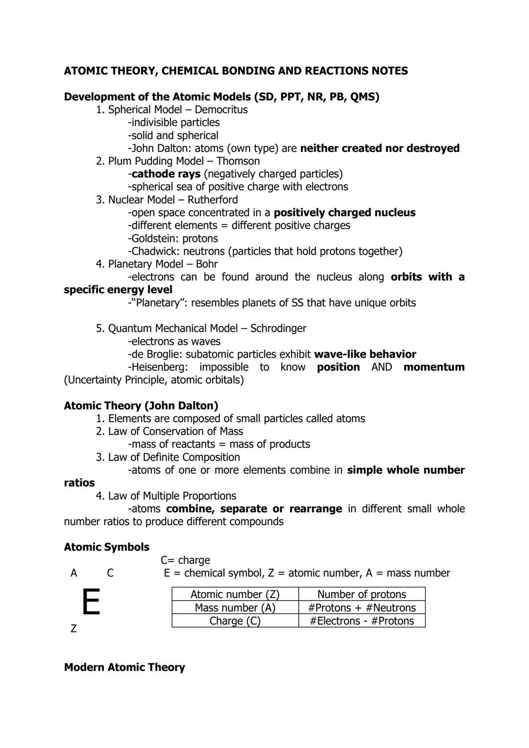 ATOMIC THEORY, CHEMICAL BONDING AND REACTIONS NOTES
Development of the Atomic Models (SD, PPT, NR, PB, QMS)
1. Spherical Model - Democritus
