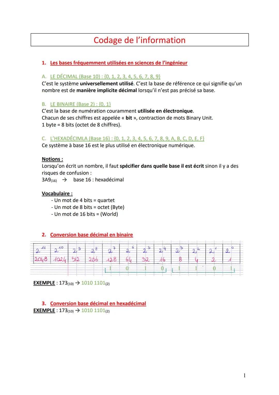 # Codage de l'information

1. Les bases fréquemment utilisées en sciences de l'ingénieur

A. LE DÉCIMAL (Base 10): (0, 1, 2, 3, 4, 5, 6, 7, 
