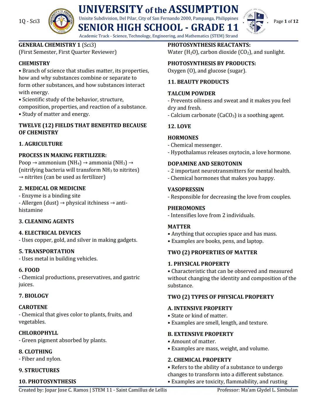 # 1Q - Sci3

# UNIVERSITY of the ASSUMPTION
Unisite Subdivision, Del Pilar, City of San Fernando 2000, Pampanga, Philippines

# SENIOR HIGH 