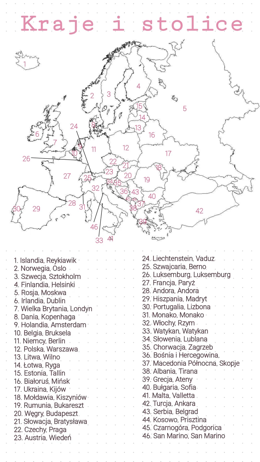 # Kraje i stolice

24

6

4

3

15

5

13

16

12

11

17

26

23

27

20

19

32

36343

40

28

30

29

31

42

P

46

33 41

1. Islandia,
