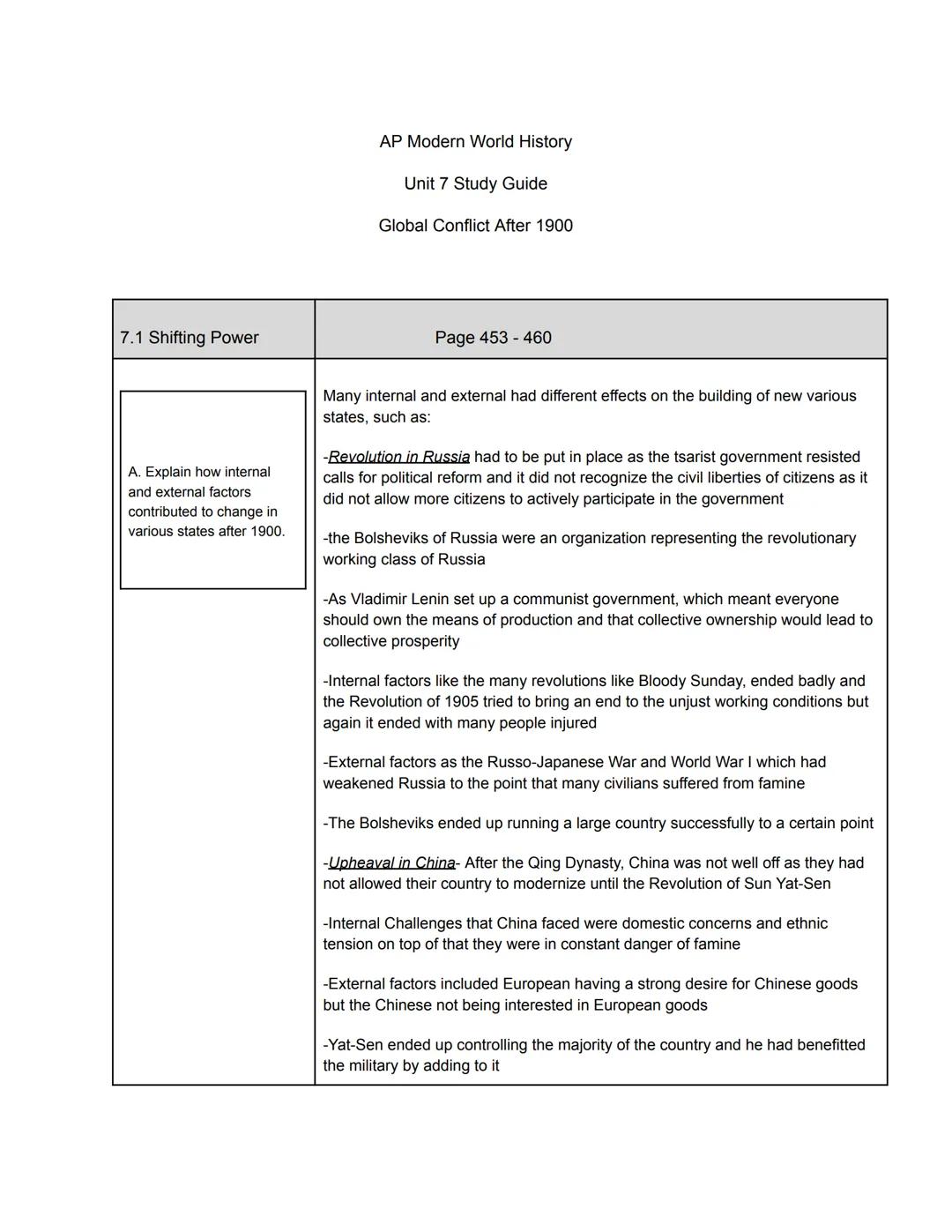 AP Modern World History

Unit 7 Study Guide

Global Conflict After 1900

7.1 Shifting Power

Page 453-460


A. Explain how internal
and exte