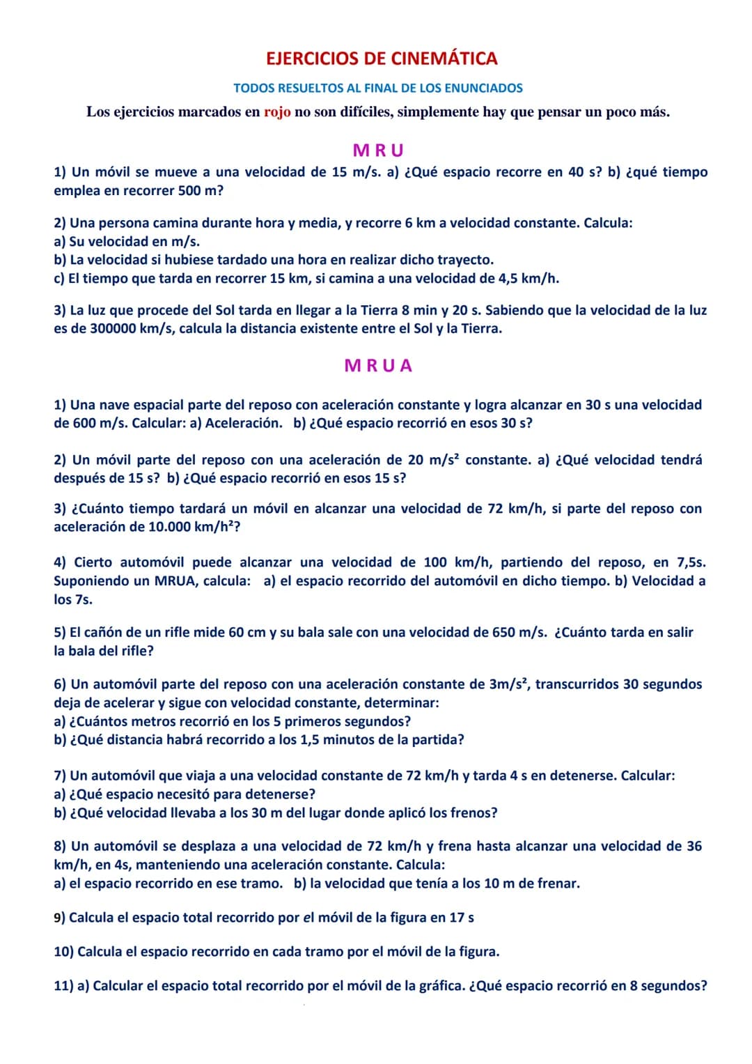 # EJERCICIOS DE CINEMÁTICA

TODOS RESUELTOS AL FINAL DE LOS ENUNCIADOS

Los ejercicios marcados en rojo no son difíciles, simplemente hay qu