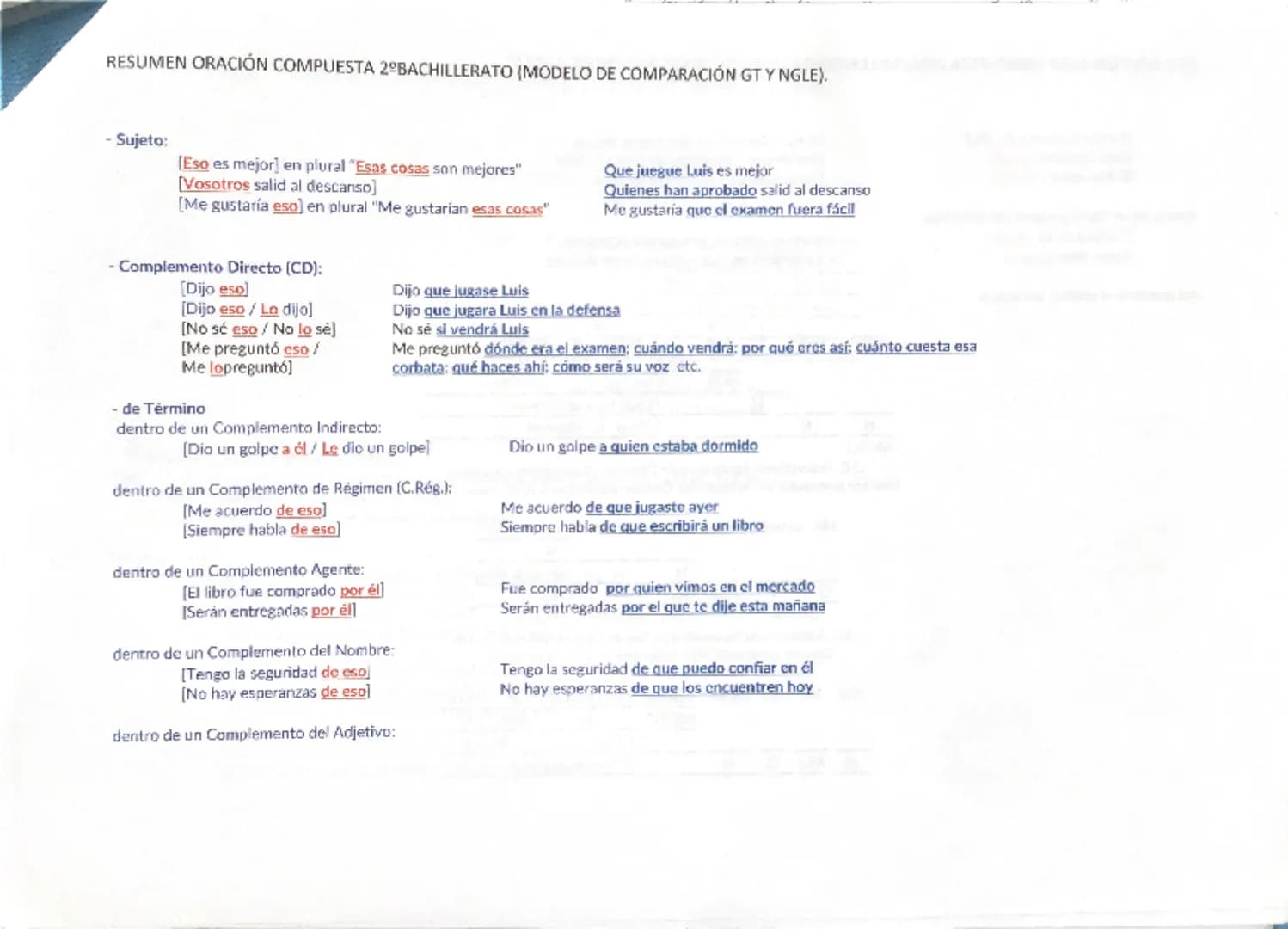 # RESUMEN ORACIÓN COMPUESTA 2º BACHILLERATO (MODELO DE COMPARACIÓN GT Y NGLE).

Una oración es compuesta (o compleja) cuando tiene más de do