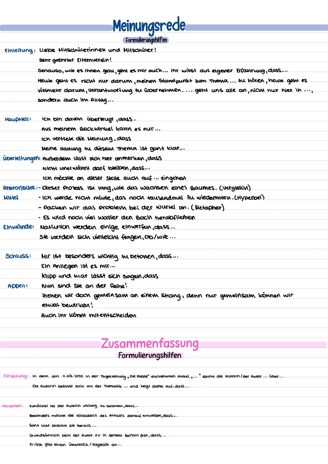# Meinungsrede
Formulierungshilfen
Einleitung: Liebe Mitschülerinnen und Mitschüler!
senr geehrter Elternverein!
Genauso, wie es ihnen gent,