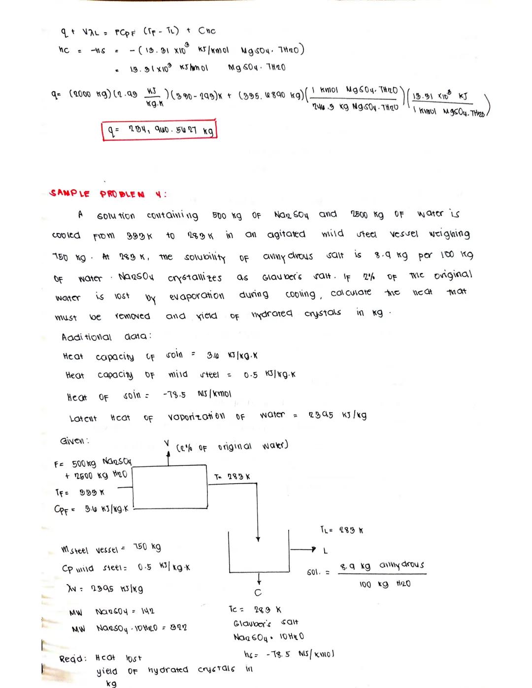 # SAMPLE PROBLEM 1:

1) Calculate the yield OF Mg50478120 crystals when 1000 Kg OF saturated
Solution at 353 K is cooled at 303k assuming 10