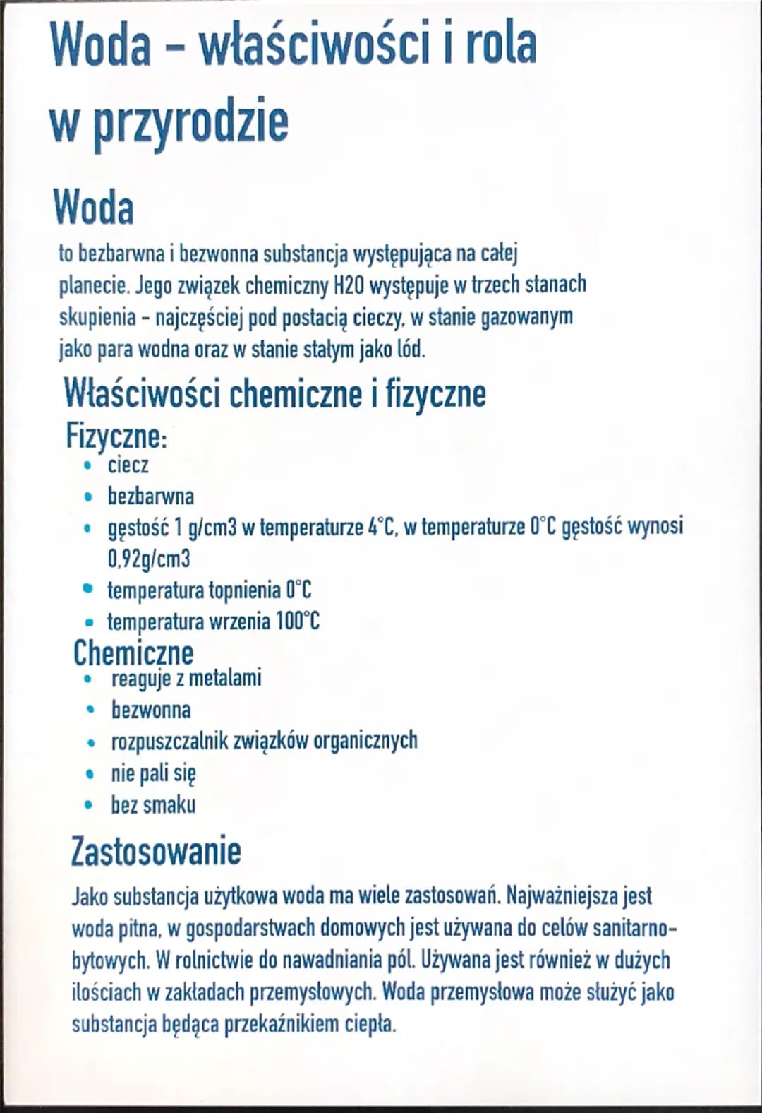 # Woda - właściwości i rola
w przyrodzie

Woda
to bezbarwna i bezwonna substancja występująca na całej
planecie. Jego związek chemiczny H20 