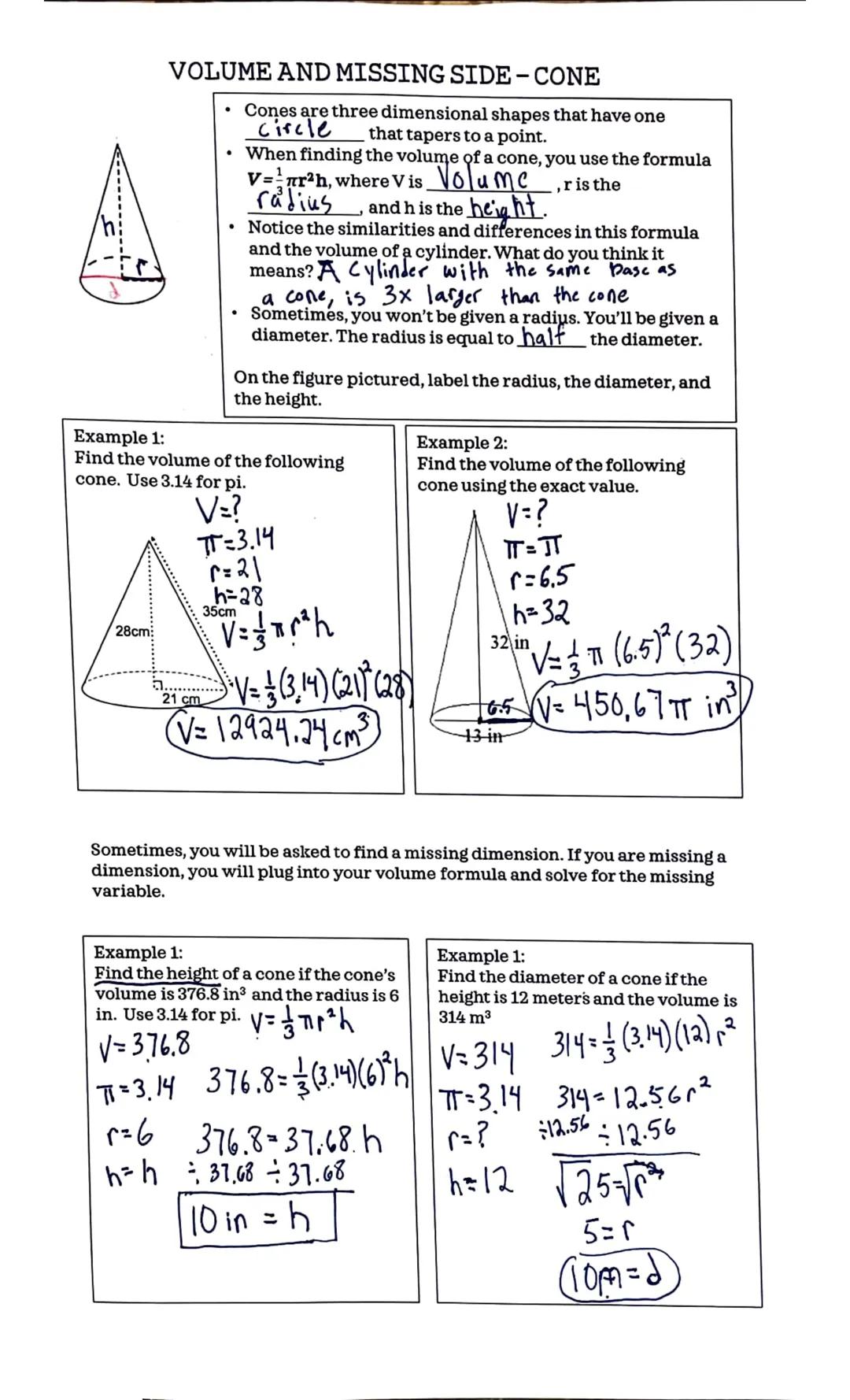 
<p>Cones are three-dimensional shapes that have one circle that tapers to a point. When finding the volume of a cone, you use the formula V