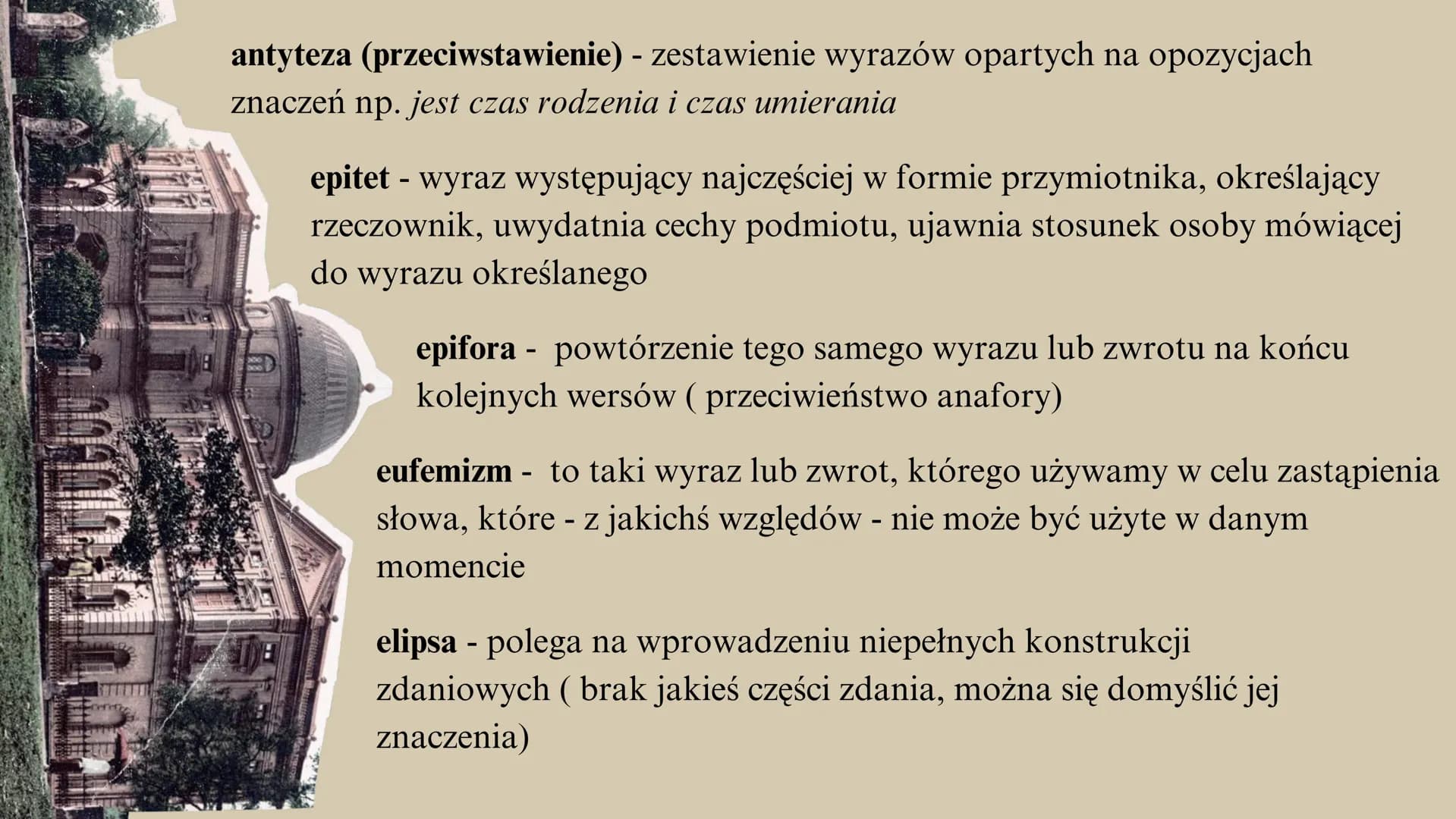 # ŚRODKI

# STYLISTYCZNE apostrofa - bezpośredni, uroczysty zwrot do adresata, którym może być bóstwo, osoba,
zjawisko, pojęcie lub przedmio