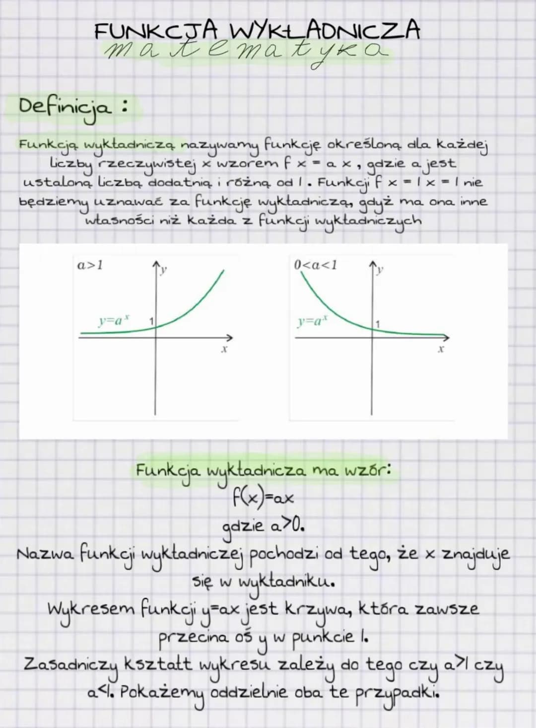 # FUNKCJA WYKŁADNICZA
matematyka

Definicja:

Funkcją wykładniczą nazywamy funkcję określoną dla każdej
Liczby rzeczywistej x wzorem f x = a