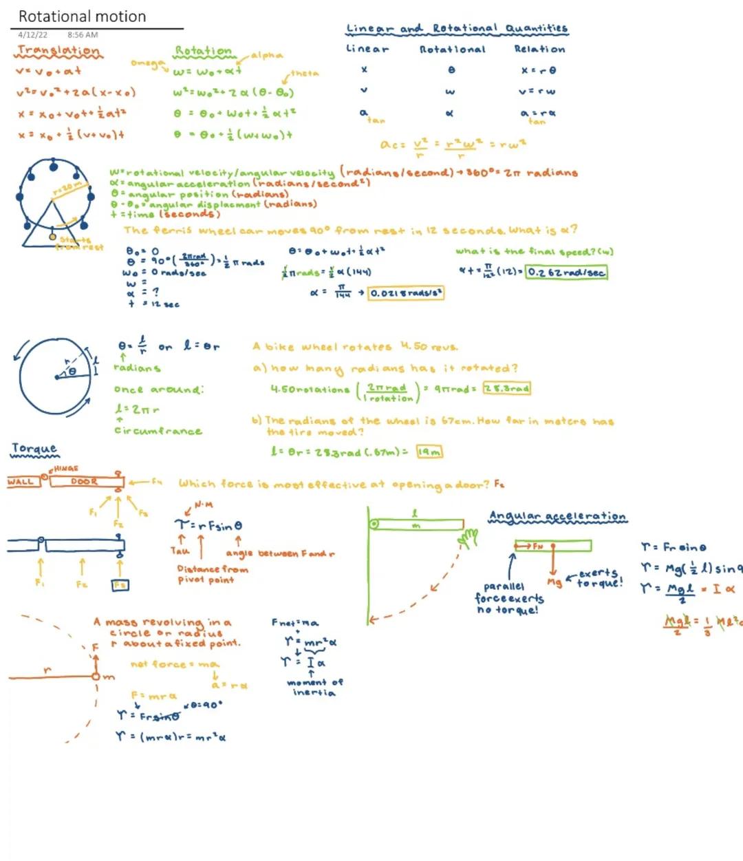 Rotational motion
4/12/22 8:56 AM
Translation
v=vo+at
v²=vo²+2a(x-xo)
x=xo+vot+½at²
x=xo+½(v+vo)t

Rotation alpha
ω=ωo+αt
ω²=ωo²+2α(θ-θo)
θ=