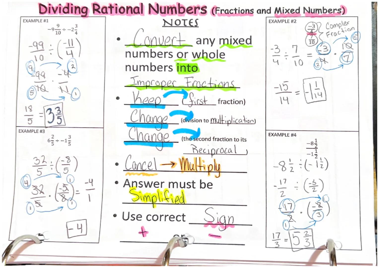# Dividing Rational Numbers (Fractions and Mixed Numbers)

EXAMPLE #1

-9$\frac{9}{10}$ ÷ -2$\frac{3}{4}$

$\frac{-99}{10}$ ÷($\frac{-11}{4}
