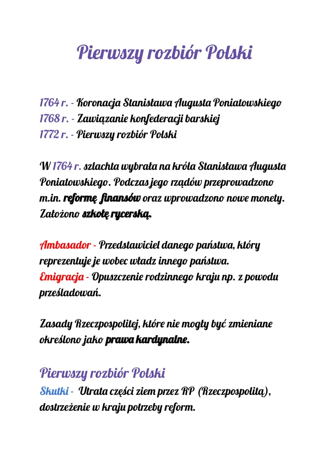 # Pierwszy rozbiór Polski

1764 r. - Koronacja Stanisława Augusta Poniatowskiego
1768 r. - Zawiązanie konfederacji barskiej
1772 r. - Pierws