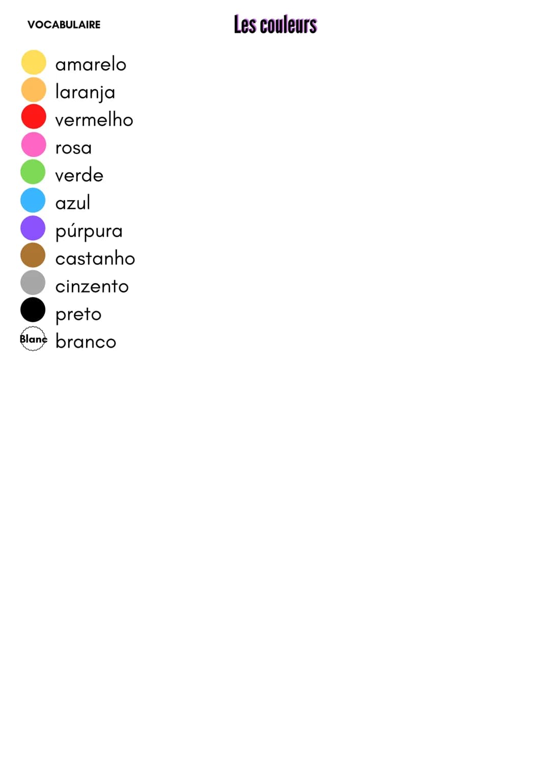 VOCABULAIRE

Les couleurs

amarelo
laranja
vermelho
rosa
verde
azul
púrpura
castanho
cinzento
preto
Blanc branco