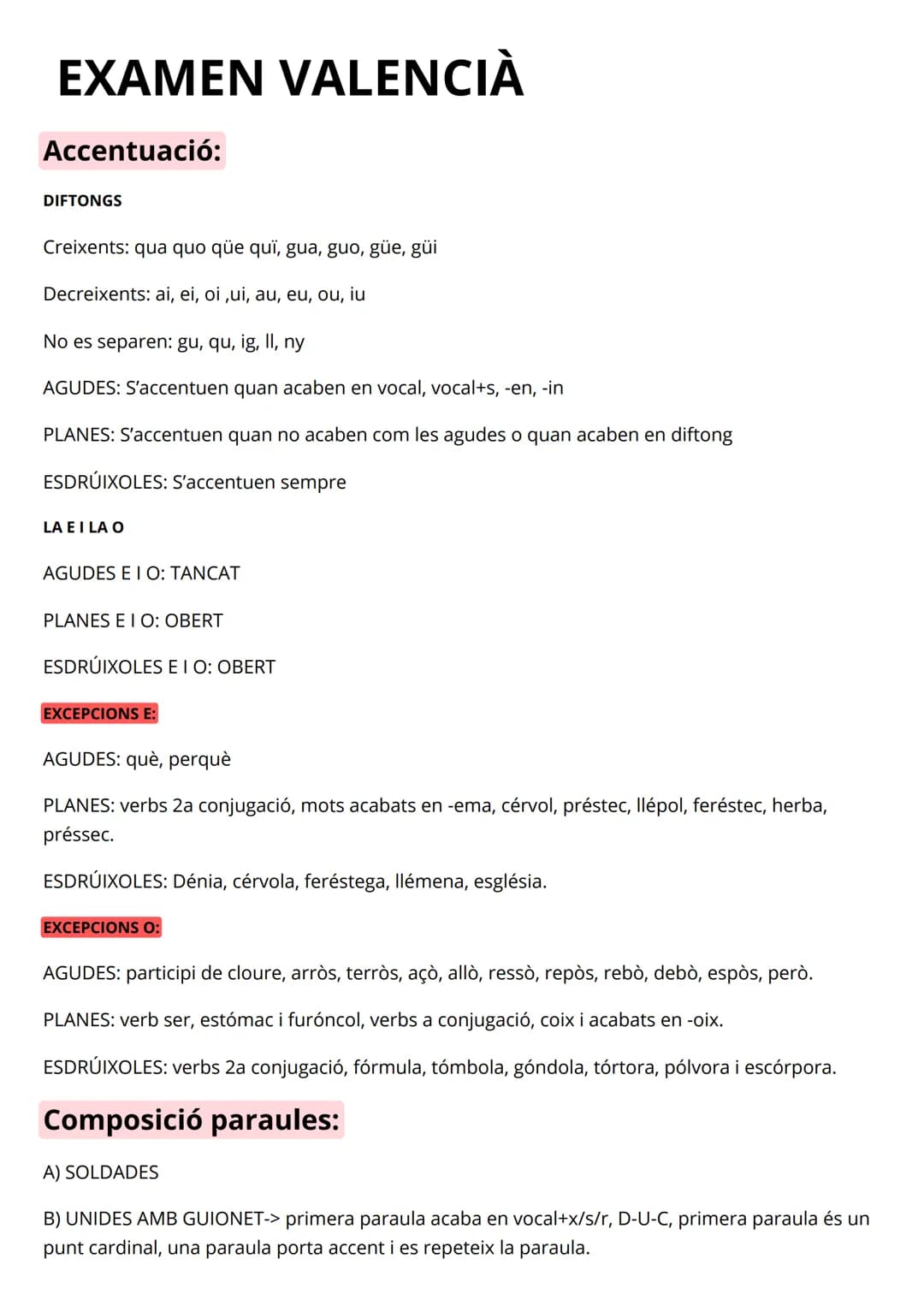 # EXAMEN VALENCIÀ

Accentuació:

DIFTONGS

Creixents: qua quo qüe qui, gua, guo, güe, güi

Decreixents: ai, ei, oi ,ui, au, eu, ou, iu

No e