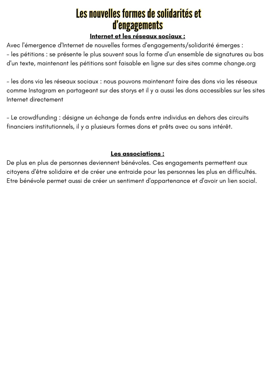 
<p>Avec l'émergence d'Internet, de nouvelles formes d'engagement et de solidarité ont vu le jour. Parmi celles-ci, on peut citer :</p>
<h2>