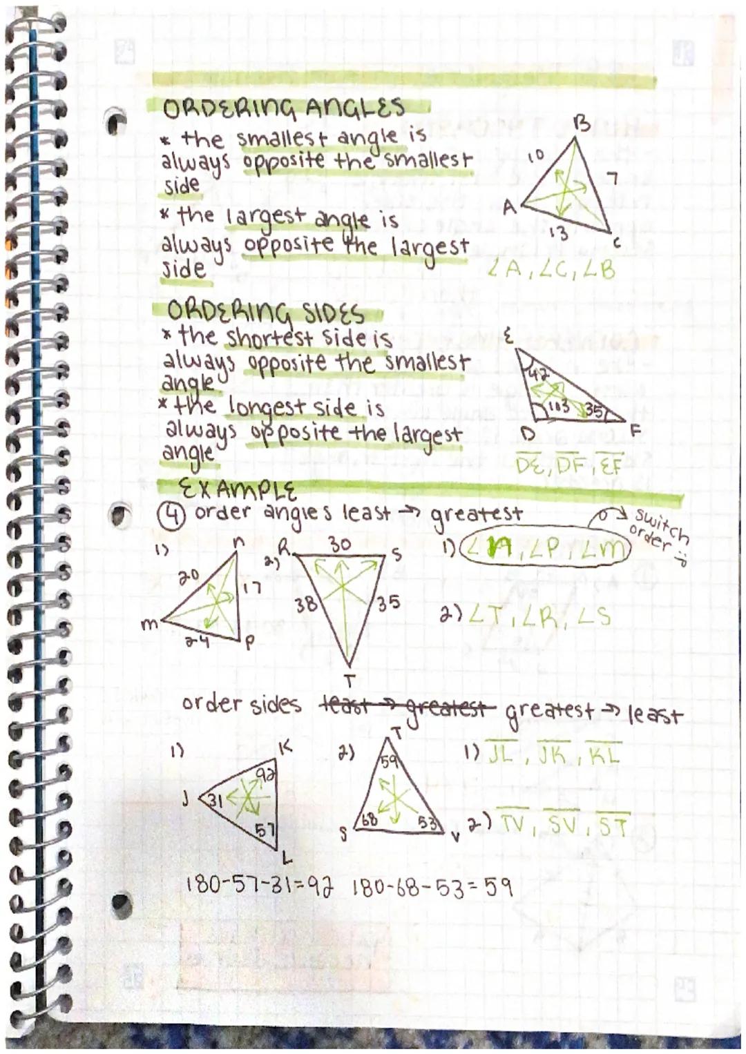 # 3.7 Inequalities in one triangle
TRIANGLE INEQUALITY THEOREM
-the sum of the lengths
of the two smaller sides
of a triangle must be
greate