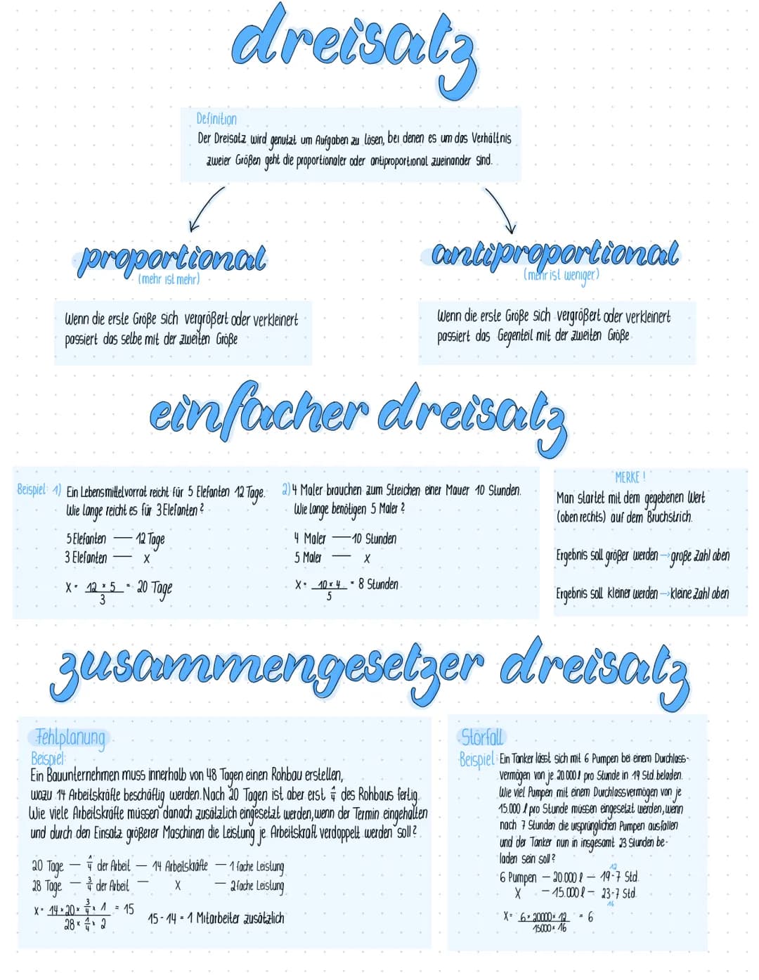 # dreisalz

Definition
Der Dreisatz wird genutzt um Aufgaben zu lösen, bei denen es um das Verhältnis
zweier Größen geht die proportionaler 