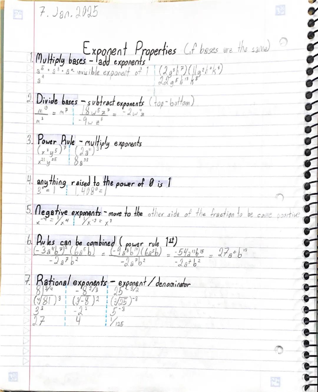7. Jan. 2025

Exponent Properties (if beses are the same)

1. Multiply bases - ladd exponents,
$a^5 \cdot a^3 \cdot a^k$ invisible exponent 