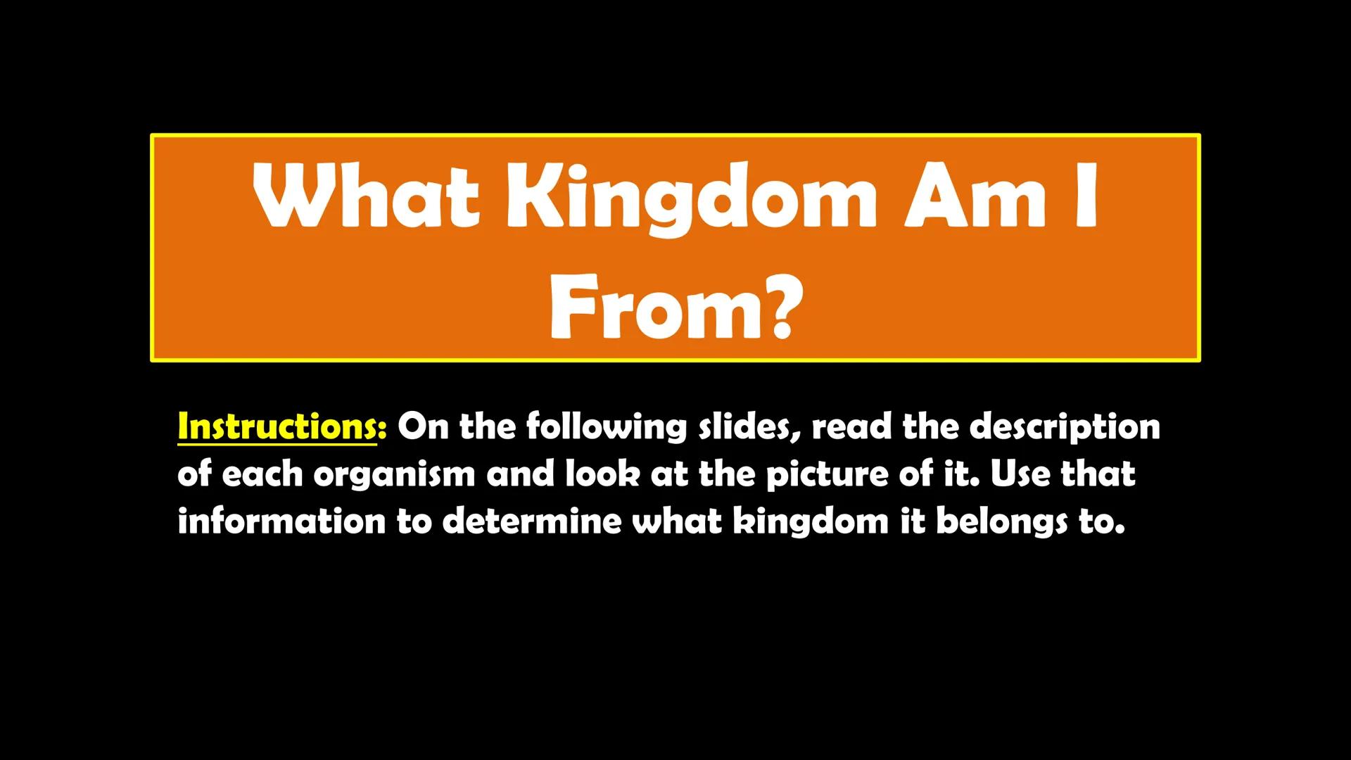 Animals

Plants

Fungi

Protists

Bacteria

Archaea

Kingdom
Characteristics

Instructions: Use
the Classification
Notes, the
textbook, and
