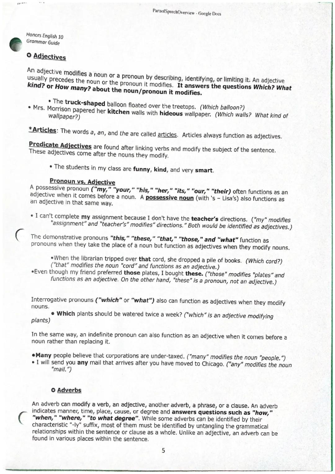 10/2/22, 7:38 AM

Parts of SpeechOverview-Google Docs

Honors English 10
Grammar Guide

• Verbs

Parts of Speech

A verb is the critical ele