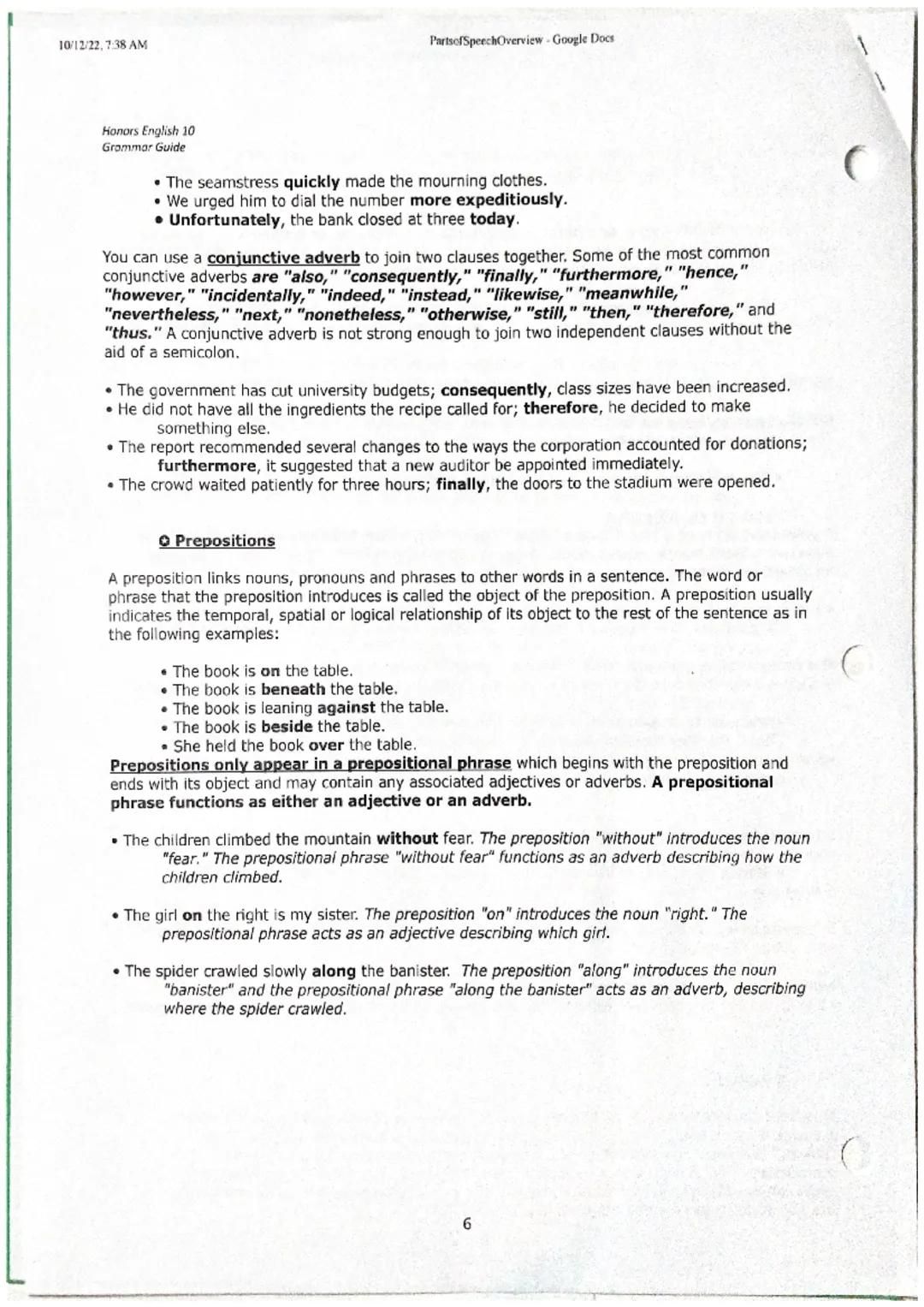 10/2/22, 7:38 AM

Parts of SpeechOverview-Google Docs

Honors English 10
Grammar Guide

• Verbs

Parts of Speech

A verb is the critical ele