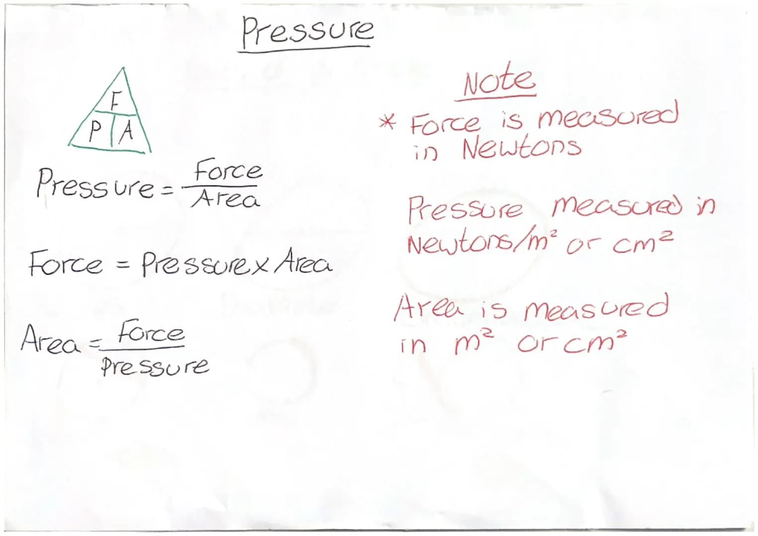 # Parts of a circle

Radius

Diameter

Circumference

chord

Arc

Tangent

Segment

Sector ```markdown
# Pressure

![F/P/A]

Pressure = Forc