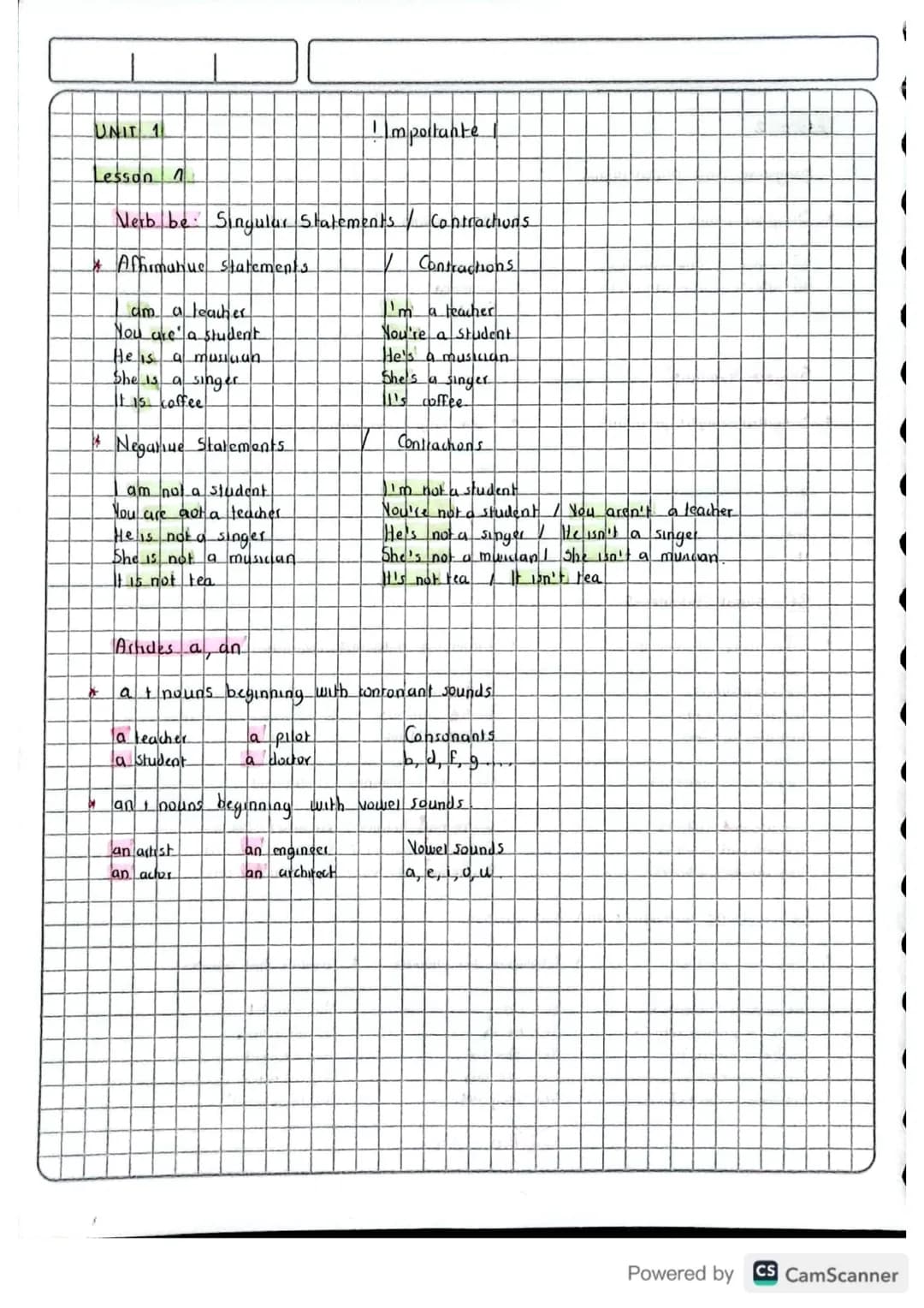 UNIT 1

Importante

Lesson n

Merb be Singular Statements.
Contrachons

* Affhimahue Statements.
Contrachons

am a teacher
I'm a teacher
You