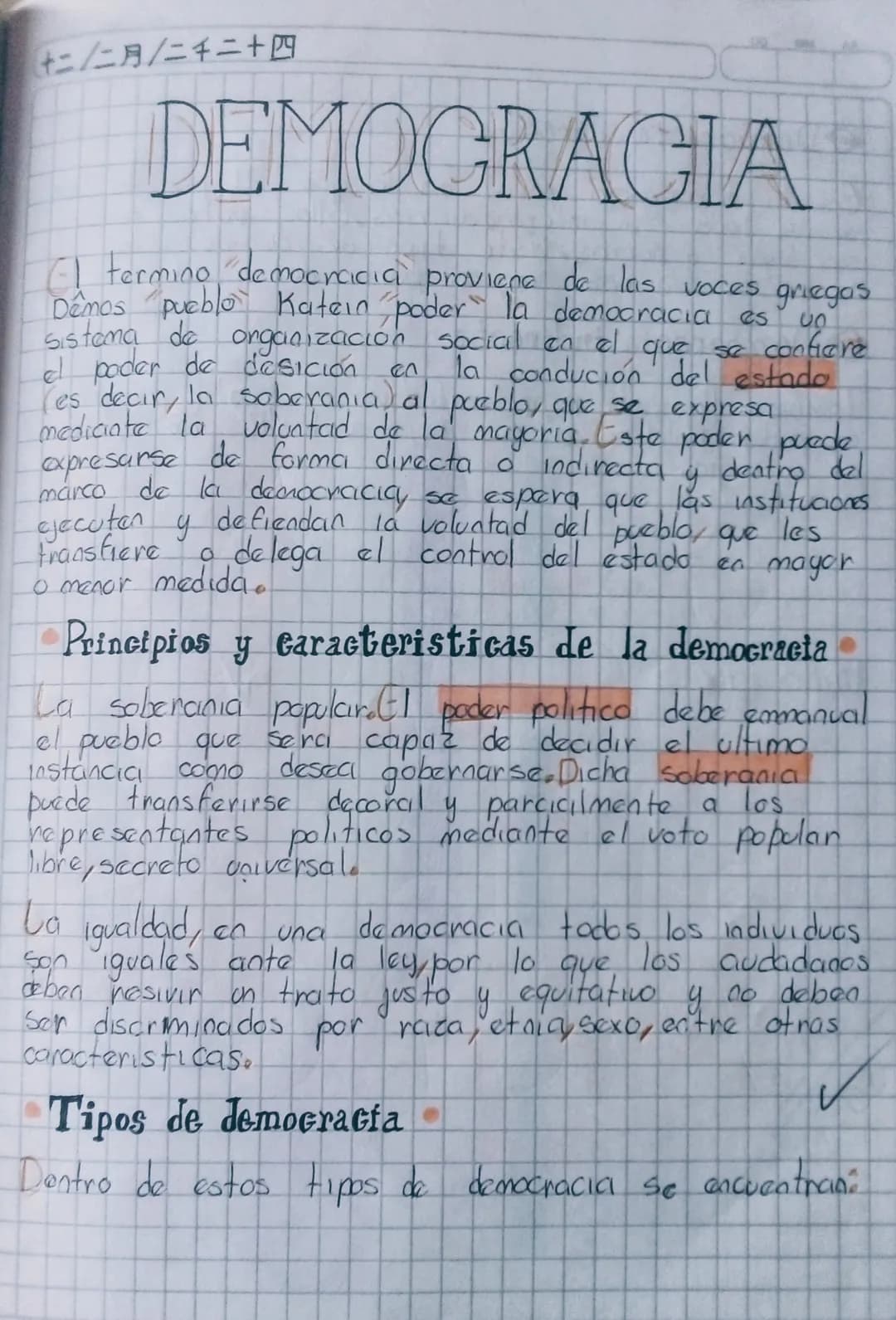 【十二/二月/二千二十四

# DEMOCRACIA

(
termino democrcicia proviene de las voces griegas
Demos pueblo Katein poder la democracia es un
sistema de org
