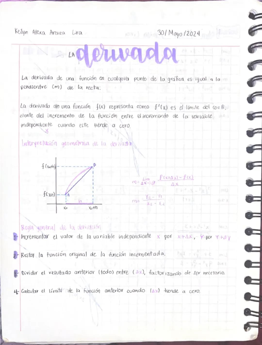 Keilyn Alexa Araiza Lira
30/Mayo /2024

LA derivada

La derivada de una función en cualquier punto de la gráfica es igual a lam
pendientre (