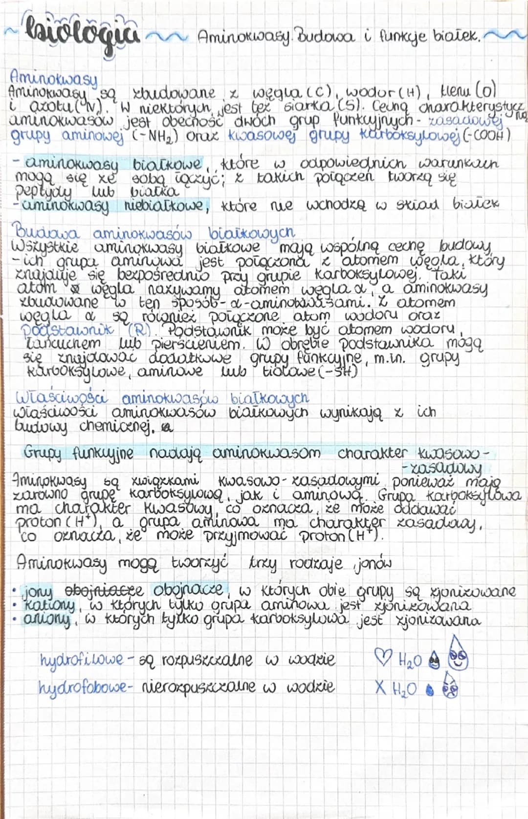 # biologia

Aminokwasy Budowa i funkcje białek.

Aminokwasy

Aminokwasy są zbudowane z węgla (C), wodur (H), tlenu (0)
i azotu(N)
(N). W nie