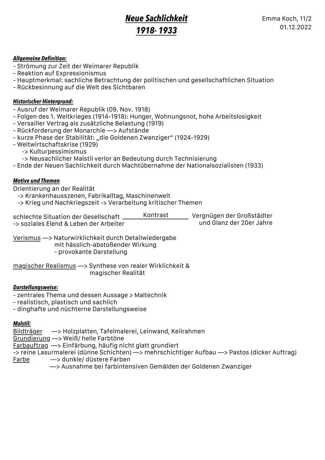 # Neue Sachlichkeit
## 1918-1933

Emma Koch, 11/2
01.12.2022

Allgemeine Definition:

- Strömung zur Zeit der Weimarer Republik
- Reaktion a