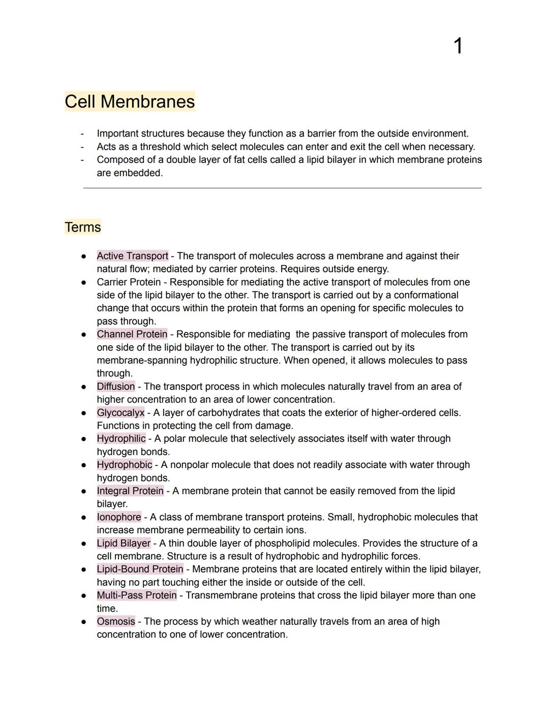 1

# Cell Membranes

- Important structures because they function as a barrier from the outside environment.
- Acts as a threshold which sel