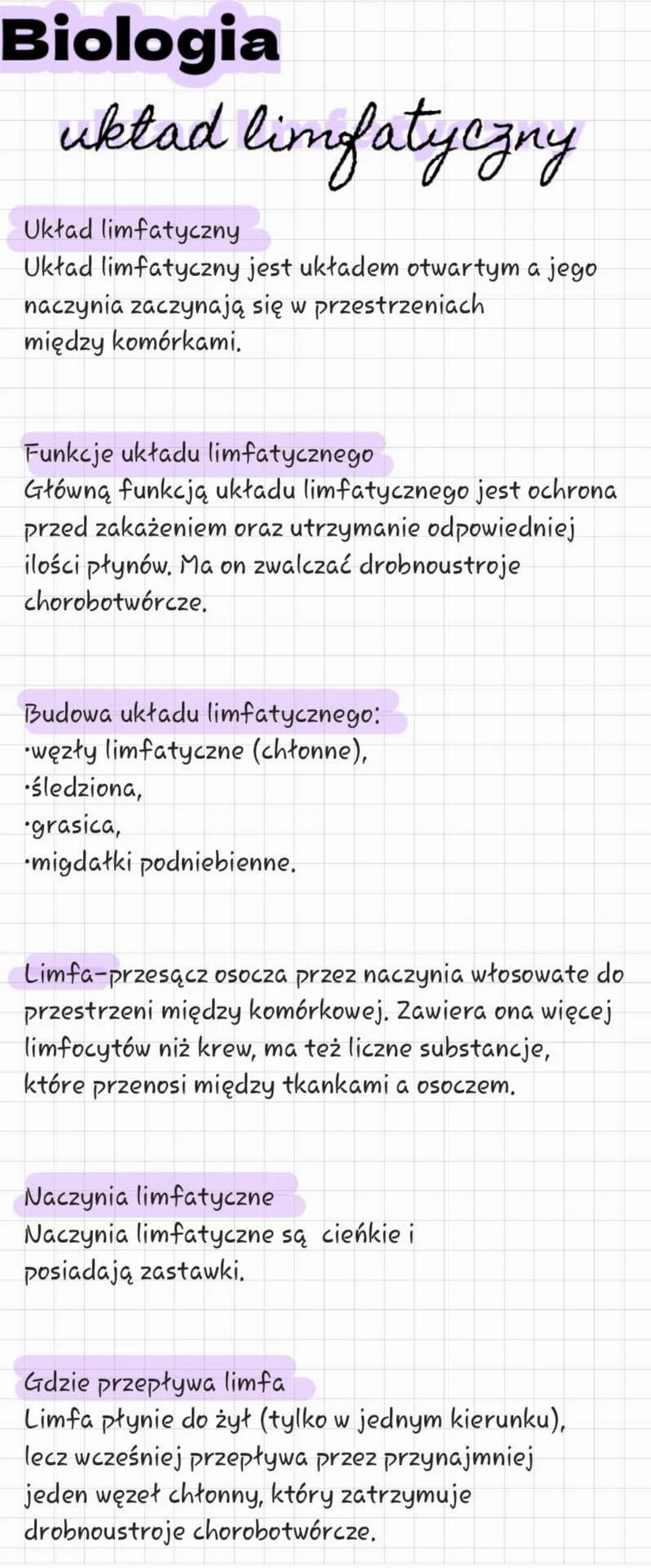 # Biologia

# układ limfatyczny

Układ limfatyczny

Układ limfatyczny jest układem otwartym a jego
naczynia zaczynają się w przestrzeniach
m