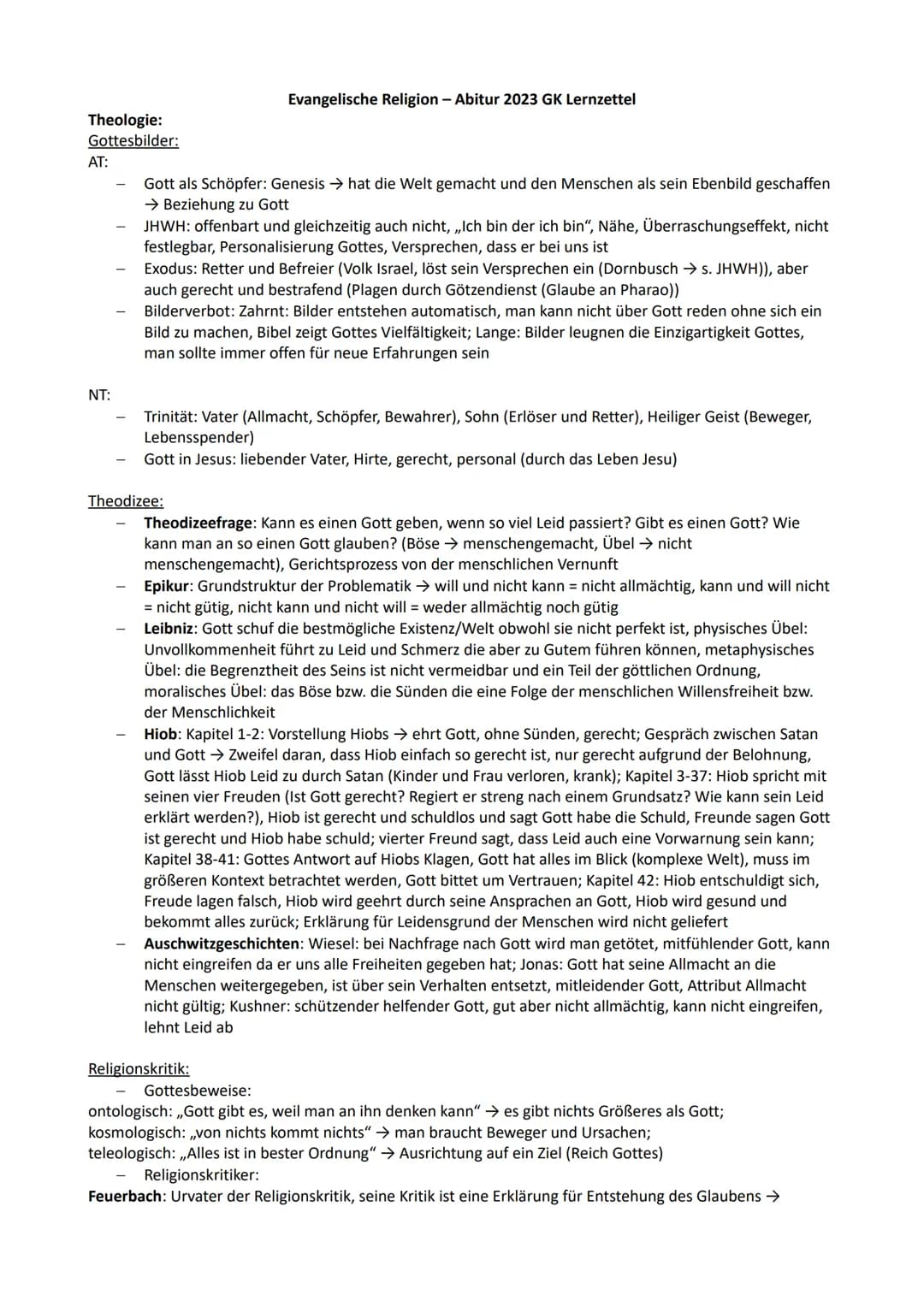 # Evangelische Religion - Abitur 2023 GK Lernzettel

# Theologie:
## Gottesbilder:
### AT:
- Gott als Schöpfer: Genesis → hat die Welt gemac
